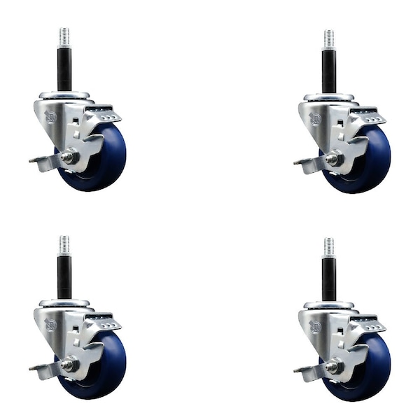 3'' SS Solid Poly Swivel 3/4'' Expanding Stem Caster Set with Brake, 4PK